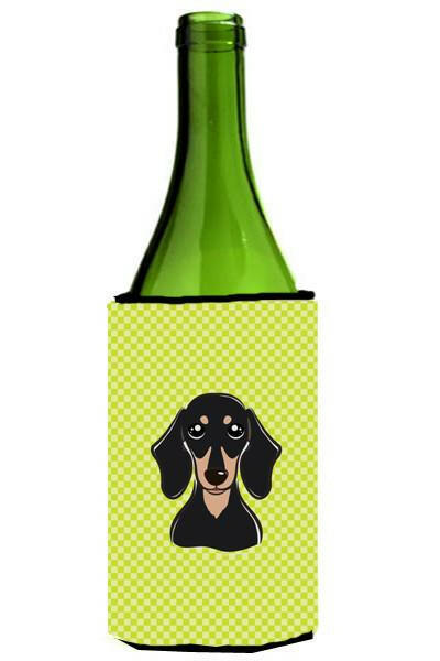 Checkerboard Lime Green Smooth Black Tan Dachshund Wine Bottle Beverage Insulator Hugger by Caroline&#39;s Treasures