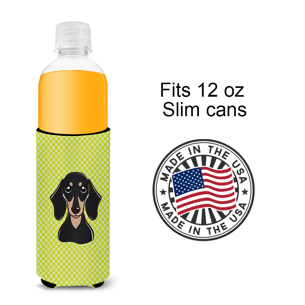 Checkerboard Lime Green Black Tan Dachshund Ultra Beverage Insulators slim cans.
