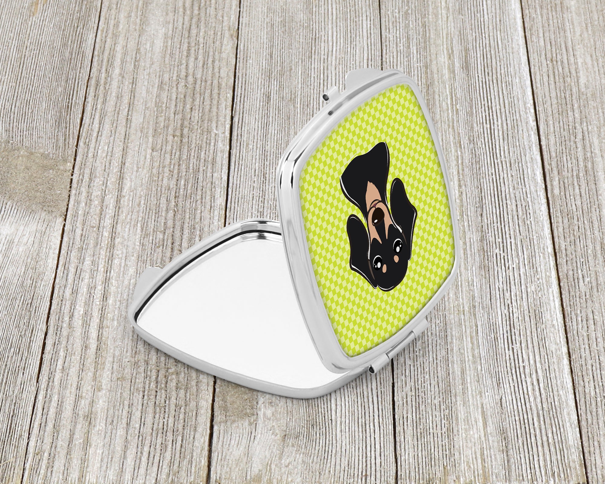 Checkerboard Lime Green Smooth Black and Tan Dachshund Compact Mirror BB1277SCM  the-store.com.