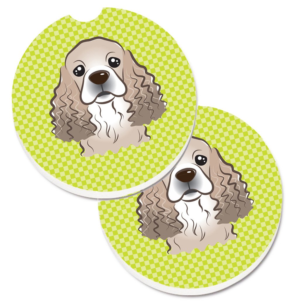 Checkerboard Lime Green Cocker Spaniel Set of 2 Cup Holder Car Coasters BB1278CARC by Caroline&#39;s Treasures