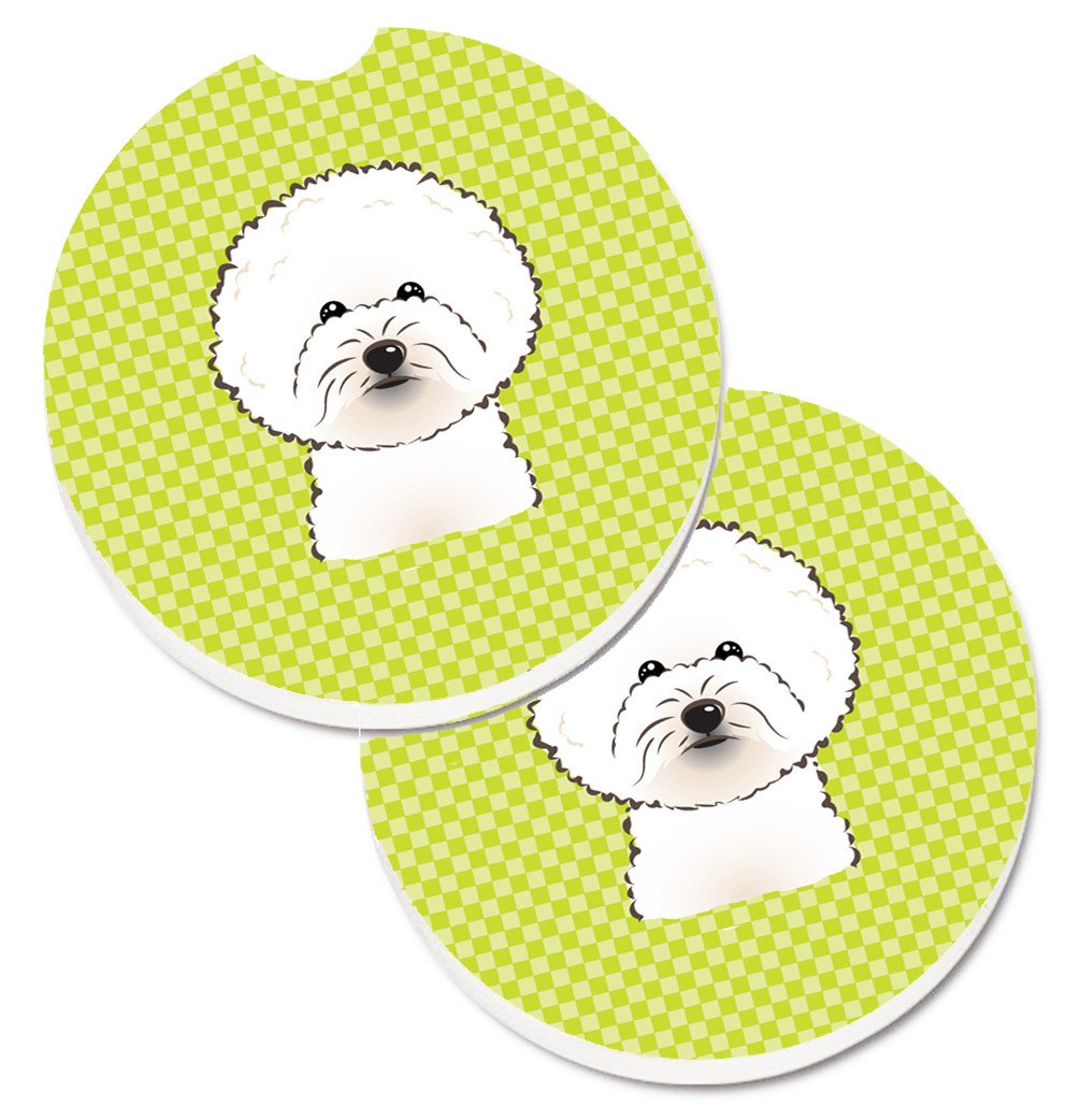Checkerboard Lime Green Bichon Frise Set of 2 Cup Holder Car Coasters BB1279CARC by Caroline&#39;s Treasures