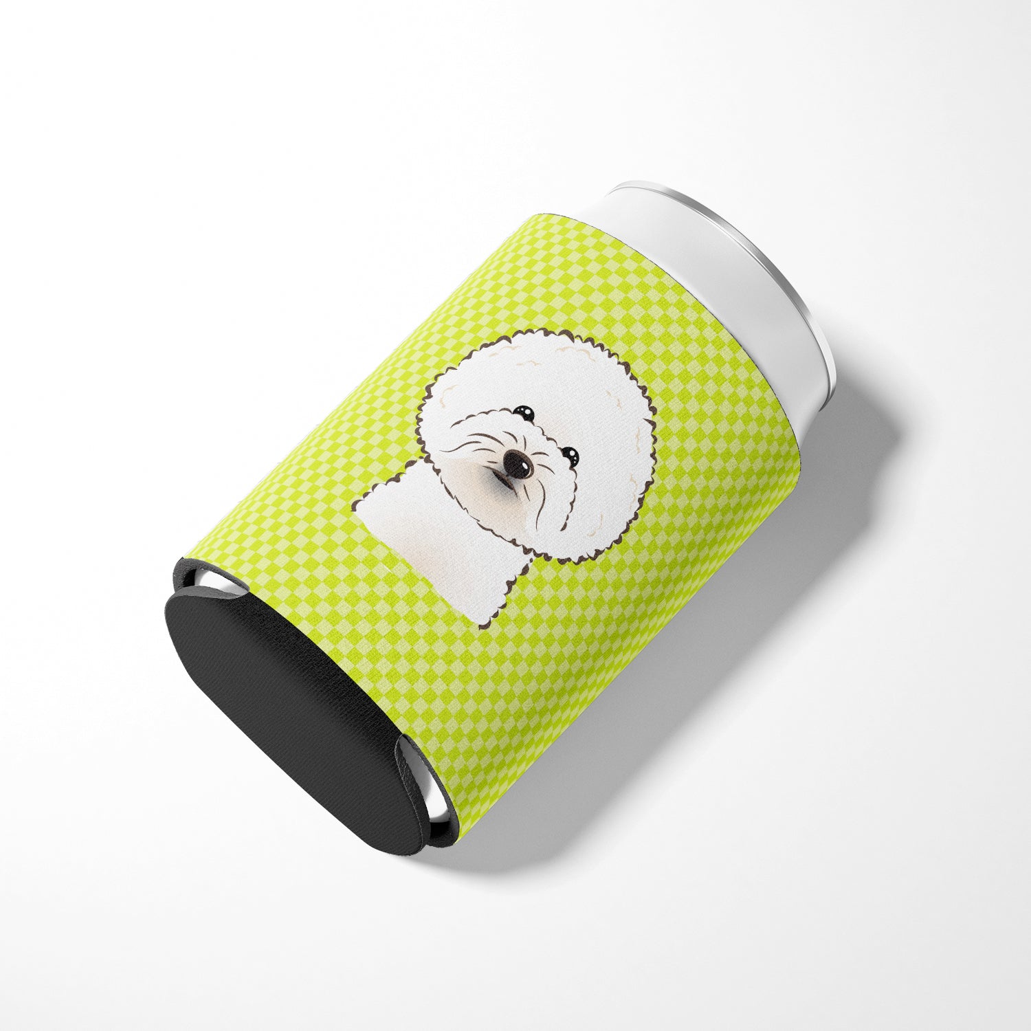 Checkerboard Lime Green Bichon Frise Can or Bottle Hugger BB1279CC.