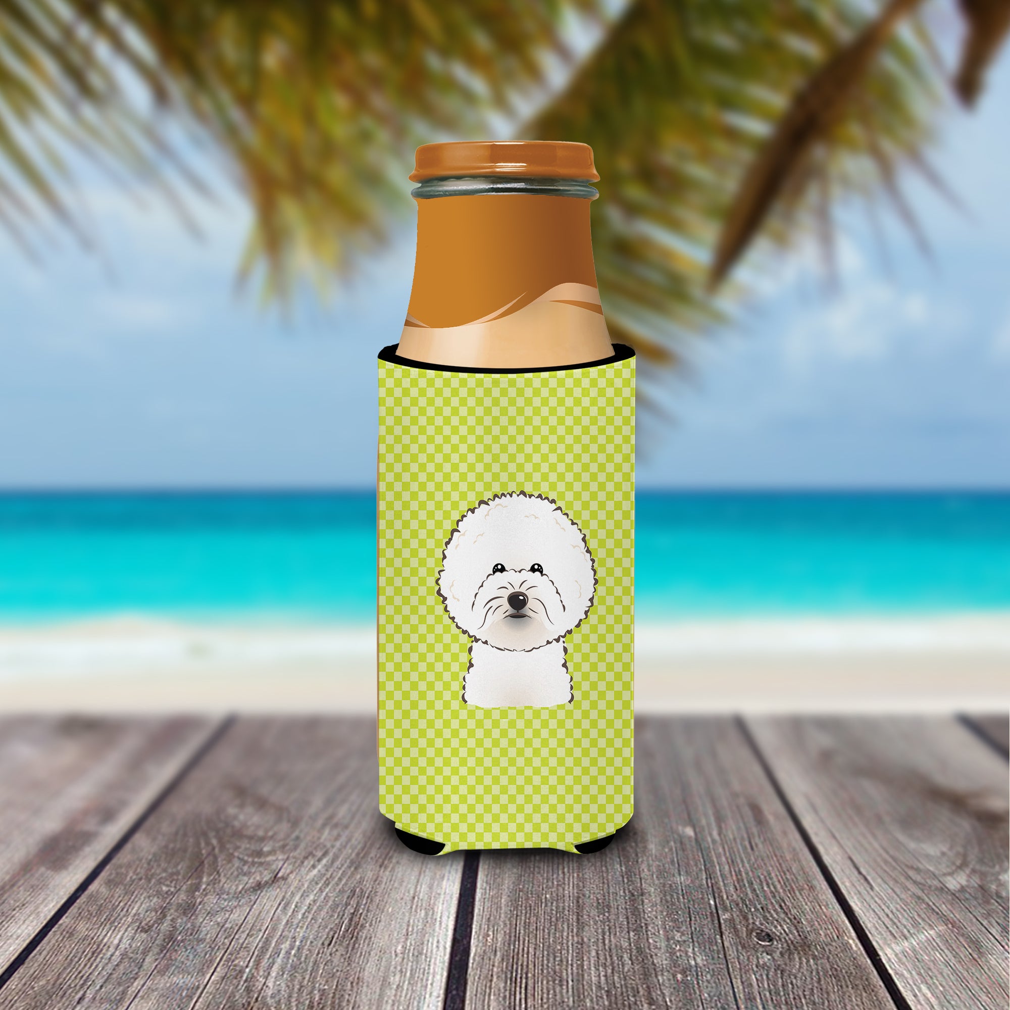 Checkerboard Lime Green Bichon Frise Ultra Beverage Insulators for slim cans