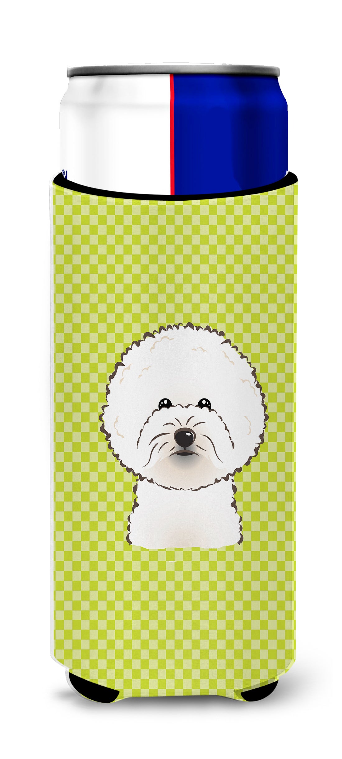 Checkerboard Lime Green Bichon Frise Ultra Beverage Insulators for slim cans.