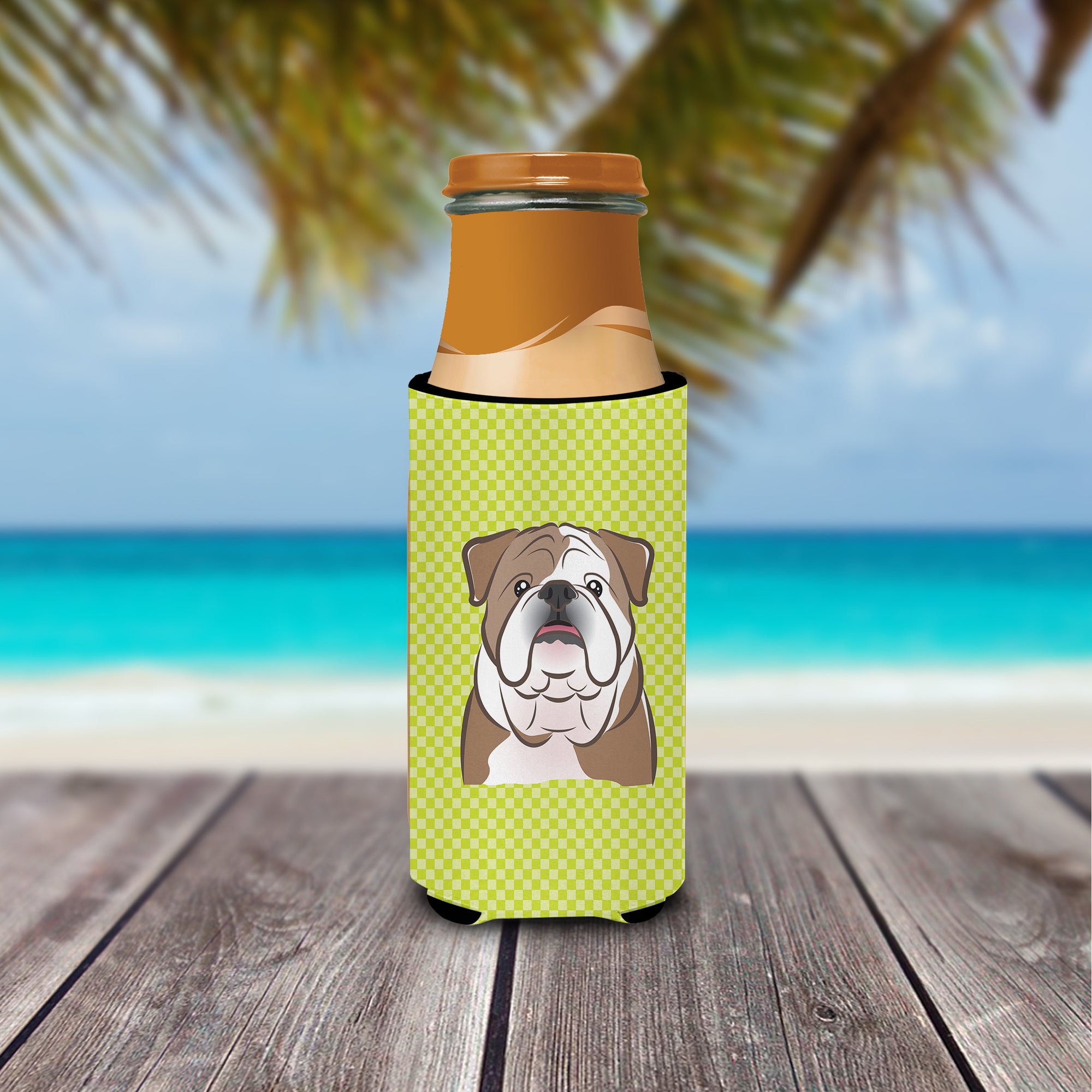 Checkerboard Lime Green English Bulldog  Ultra Beverage Insulators for slim cans.