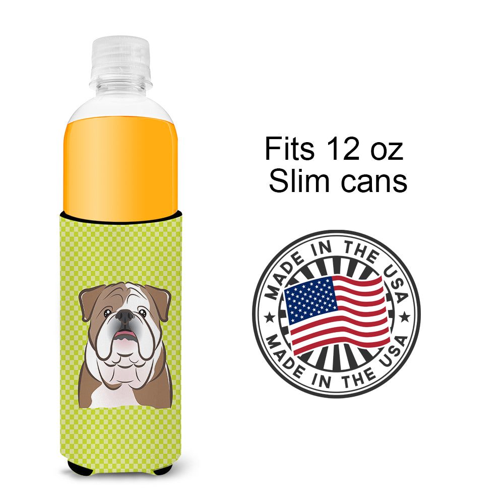 Checkerboard Lime Green English Bulldog  Ultra Beverage Insulators for slim cans
