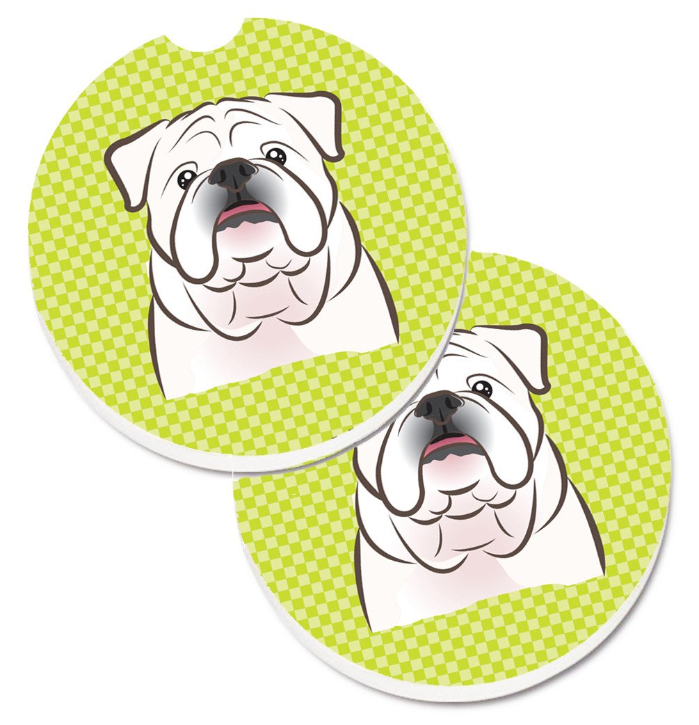 Checkerboard Lime Green White English Bulldog  Set of 2 Cup Holder Car Coasters BB1282CARC by Caroline's Treasures