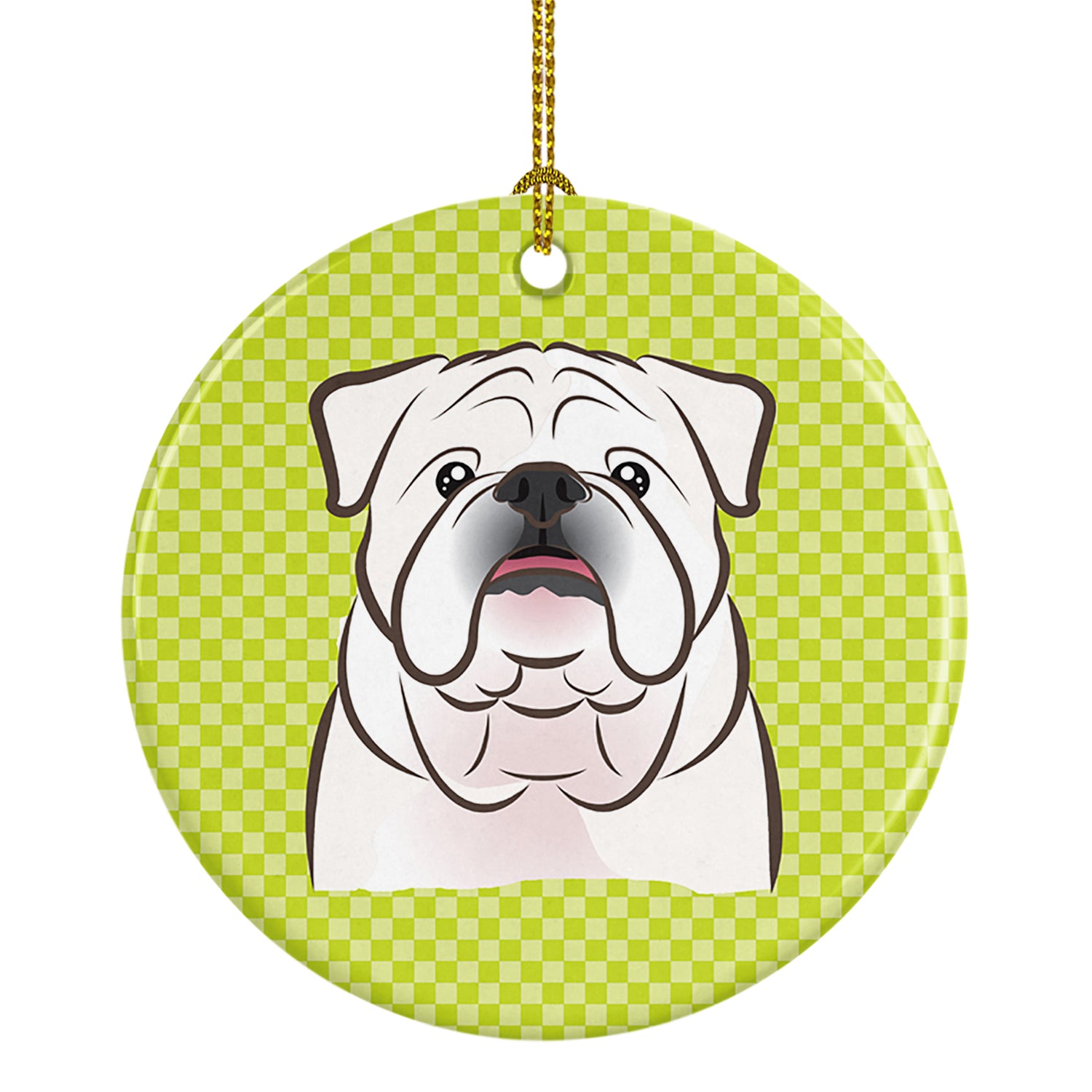 Checkerboard Lime Green White English Bulldog Ceramic Ornament - the-store.com