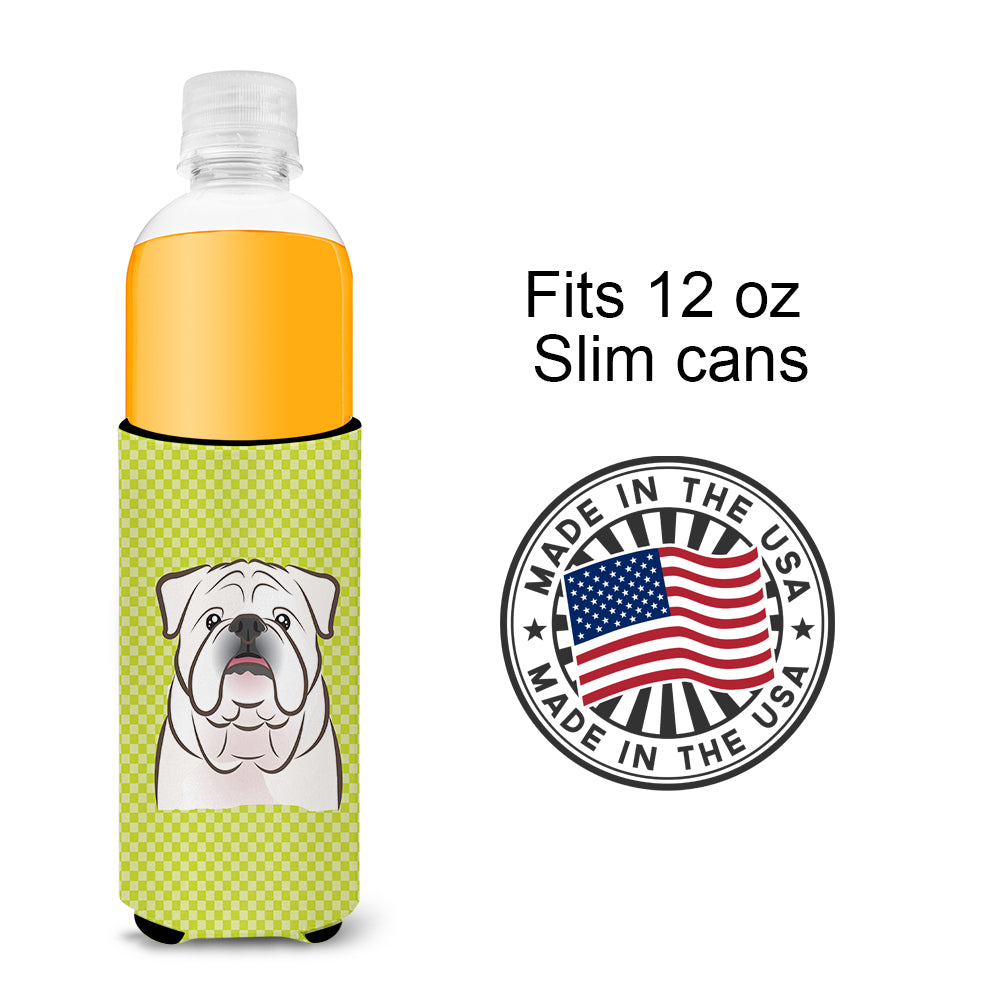 Checkerboard Lime  White English Bulldog  Ultra Beverage Insulators for slim cans.