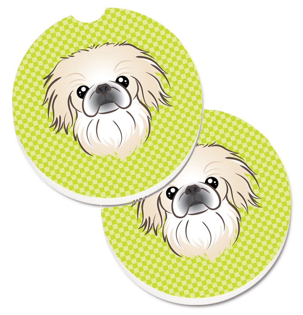 Checkerboard Lime Green Pekingese Set of 2 Cup Holder Car Coasters BB1283CARC by Caroline&#39;s Treasures