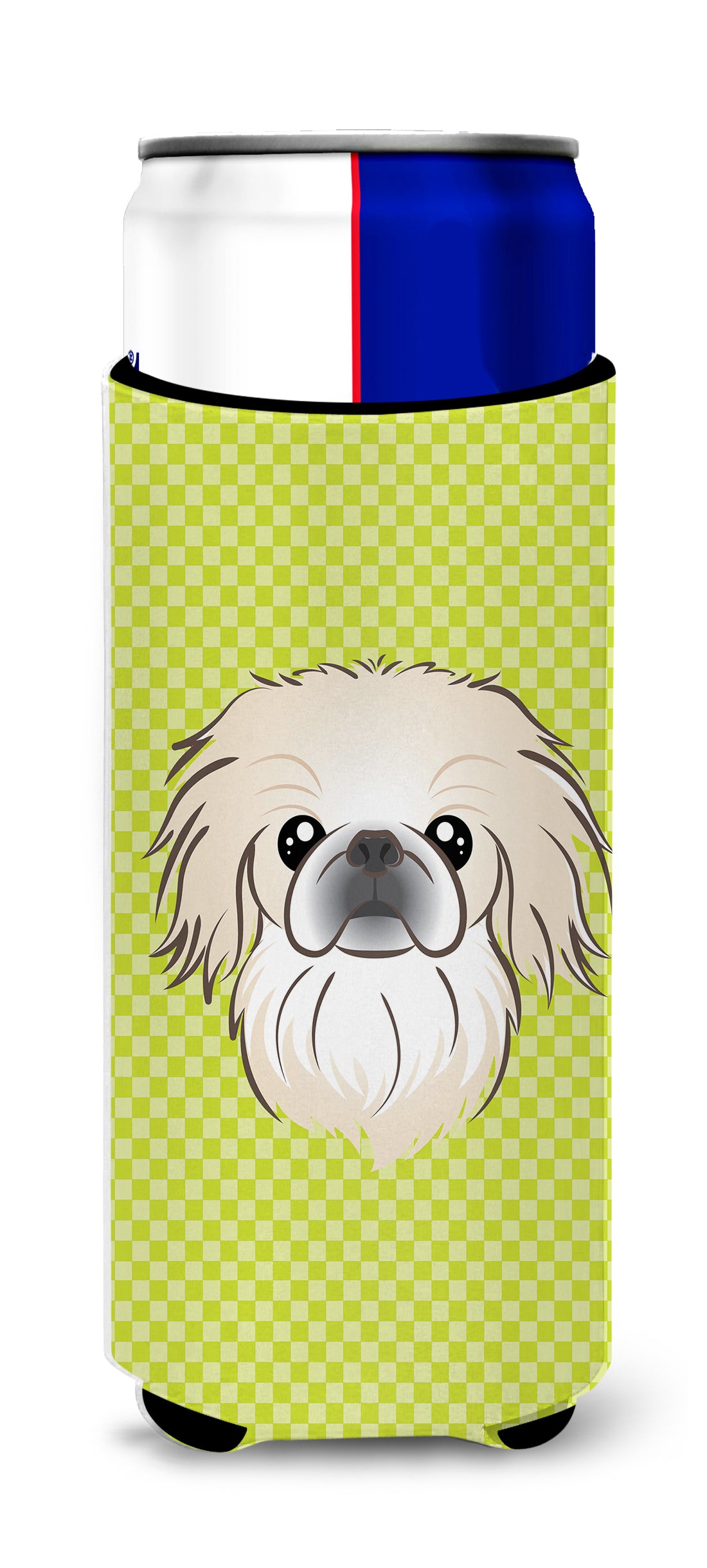 Checkerboard Lime Green Pekingese Ultra Beverage Insulators for slim cans BB1283MUK