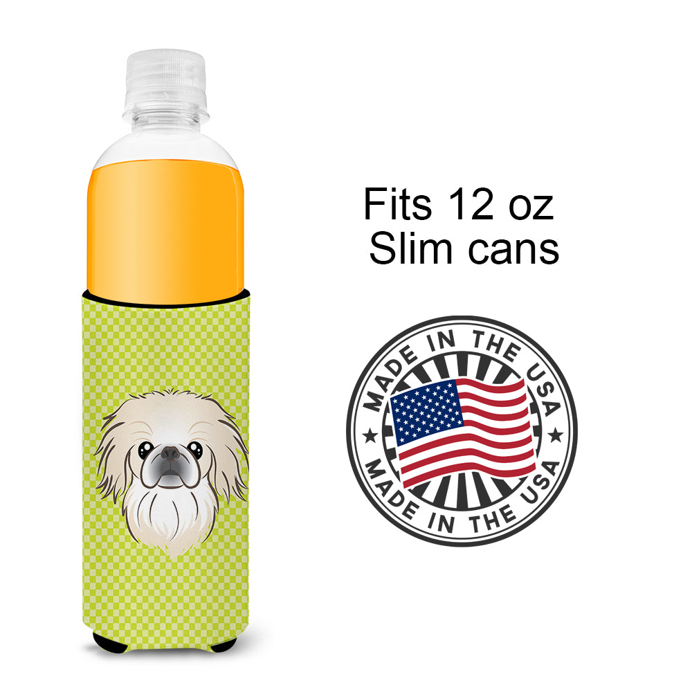 Checkerboard Lime Green Pekingese Ultra Beverage Insulators for slim cans BB1283MUK