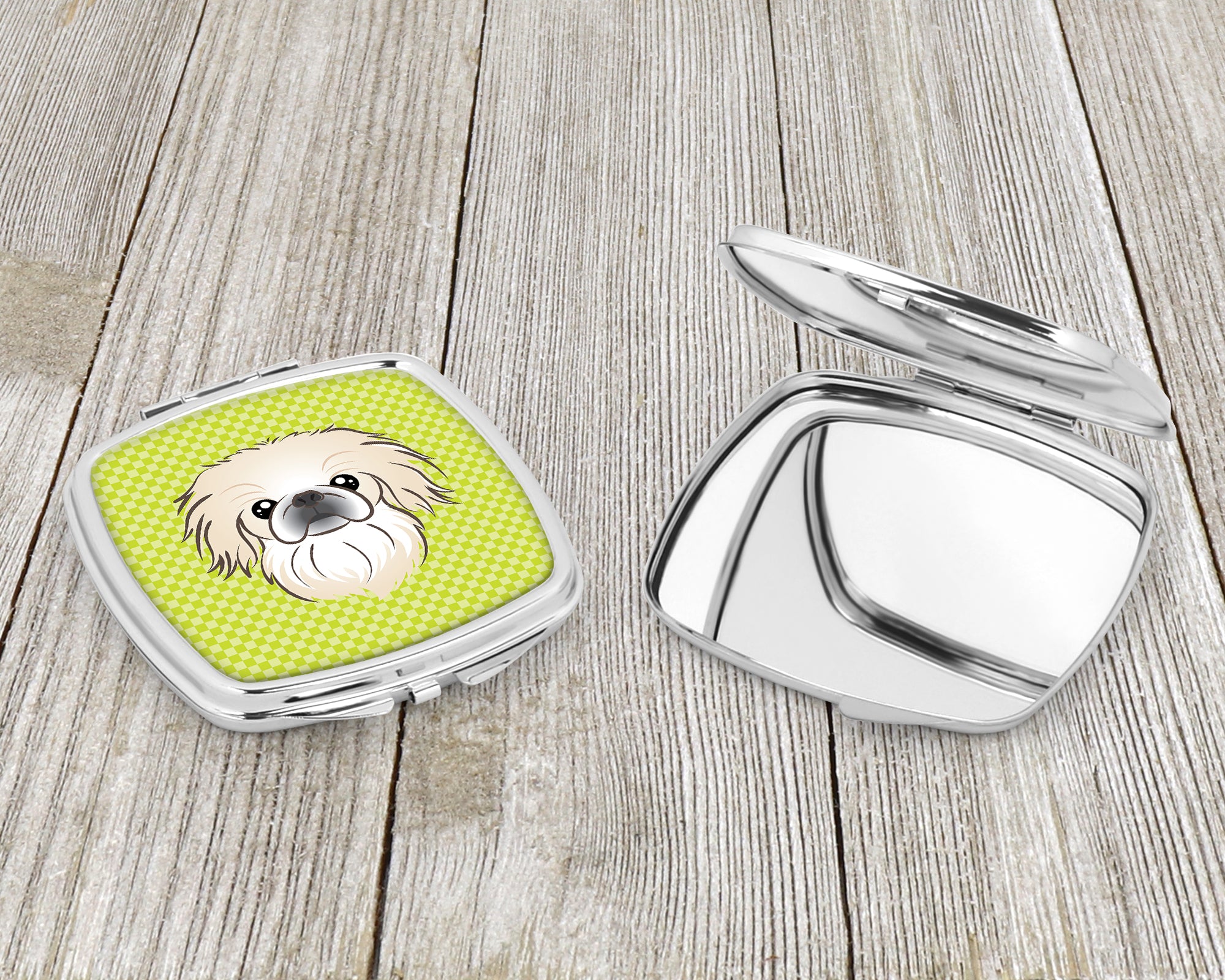 Checkerboard Lime Green Pekingese Compact Mirror BB1283SCM  the-store.com.
