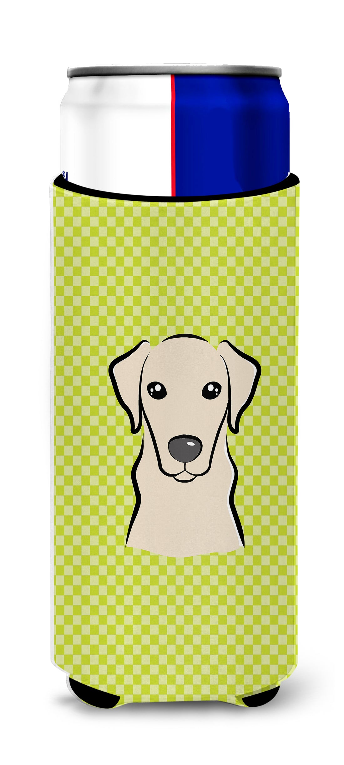 Checkerboard Lime Green Yellow Labrador Ultra Beverage Insulators for slim cans.