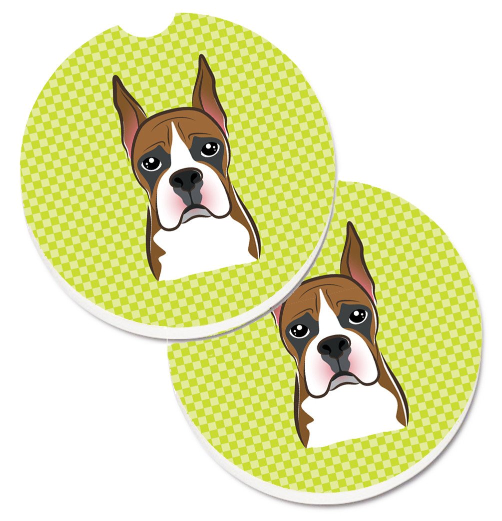 Checkerboard Lime Green Boxer Set of 2 Cup Holder Car Coasters BB1285CARC by Caroline&#39;s Treasures