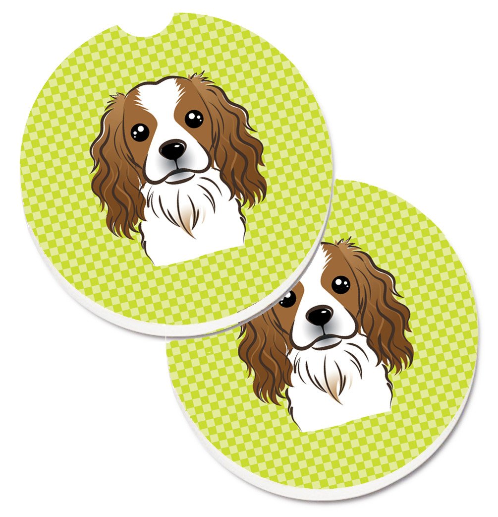 Checkerboard Lime Green Cavalier Spaniel Set of 2 Cup Holder Car Coasters BB1286CARC by Caroline&#39;s Treasures