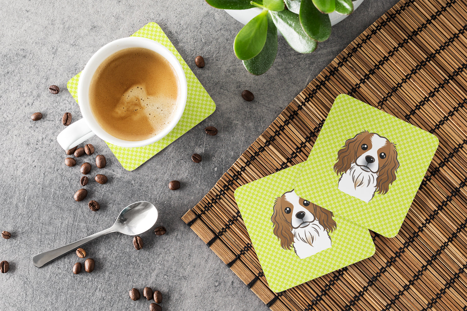 Set of 4 Checkerboard Lime Green Cavalier Spaniel Foam Coasters BB1286FC - the-store.com