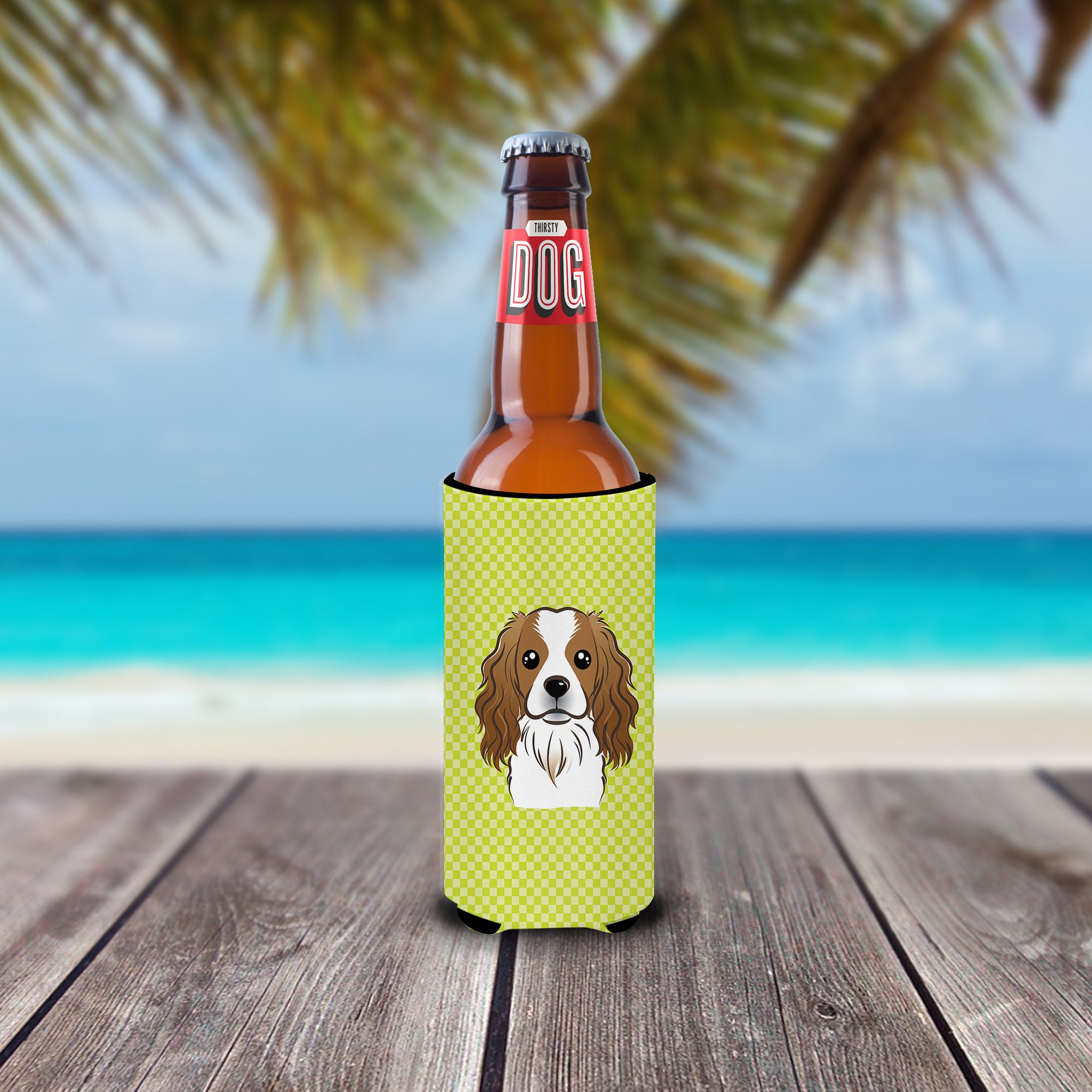 Checkerboard Lime Green Cavalier Spaniel Ultra Beverage Insulators for slim cans