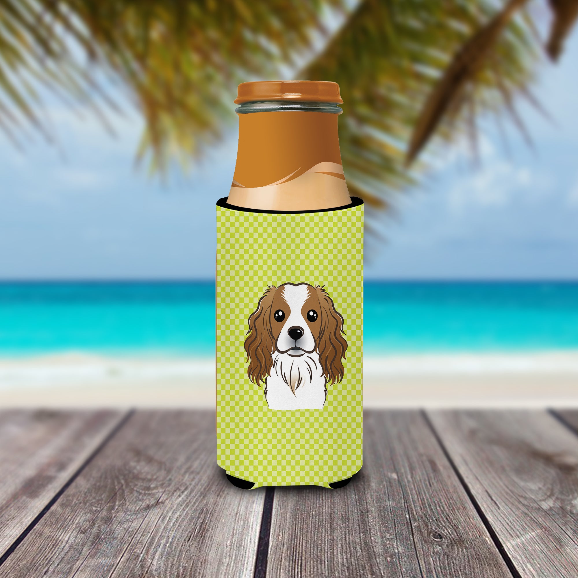 Checkerboard Lime Green Cavalier Spaniel Ultra Beverage Insulators for slim cans.