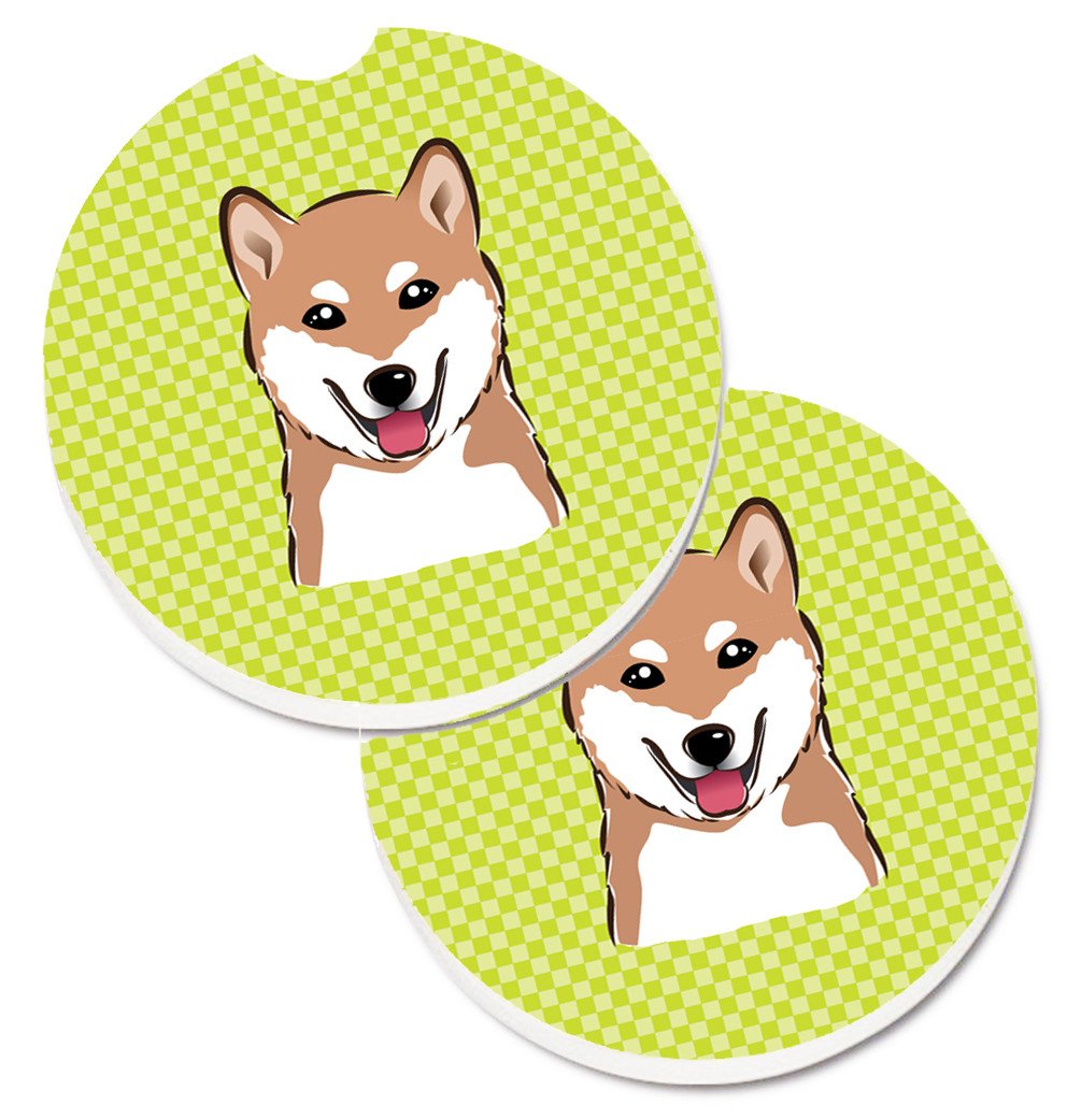 Checkerboard Lime Green Shiba Inu Set of 2 Cup Holder Car Coasters BB1287CARC by Caroline&#39;s Treasures