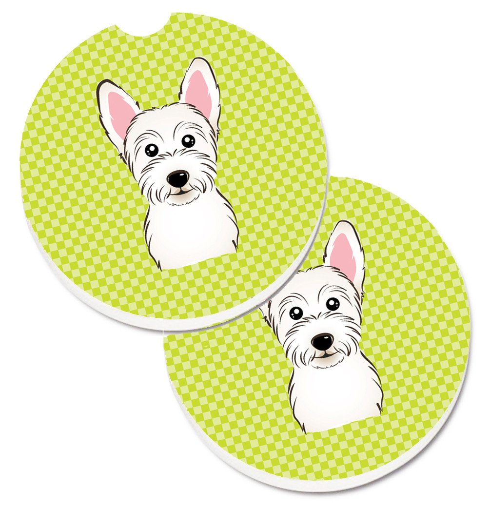 Checkerboard Lime Green Westie Set of 2 Cup Holder Car Coasters BB1288CARC by Caroline&#39;s Treasures