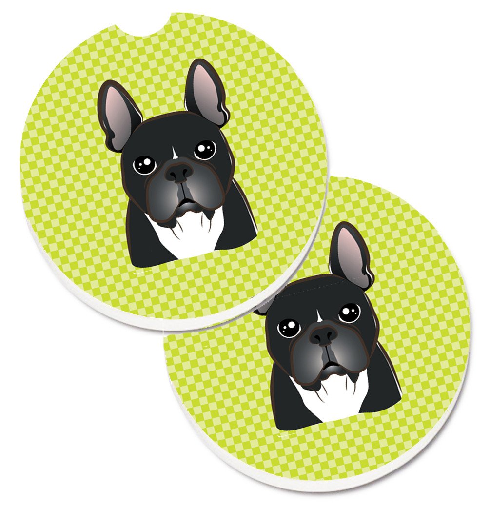 Checkerboard Lime Green French Bulldog Set of 2 Cup Holder Car Coasters BB1289CARC by Caroline&#39;s Treasures
