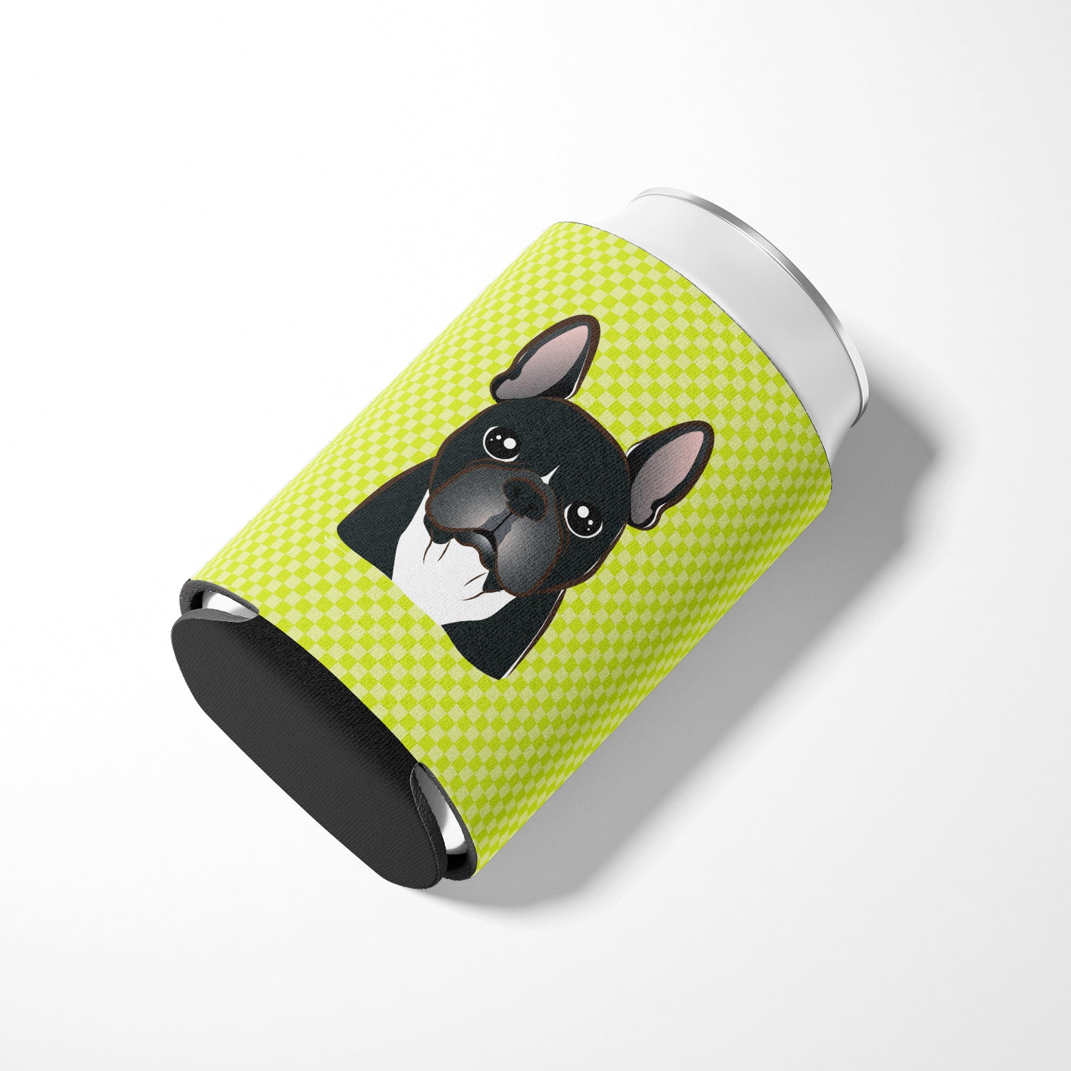 Checkerboard Lime Green French Bulldog Can or Bottle Hugger BB1289CC.