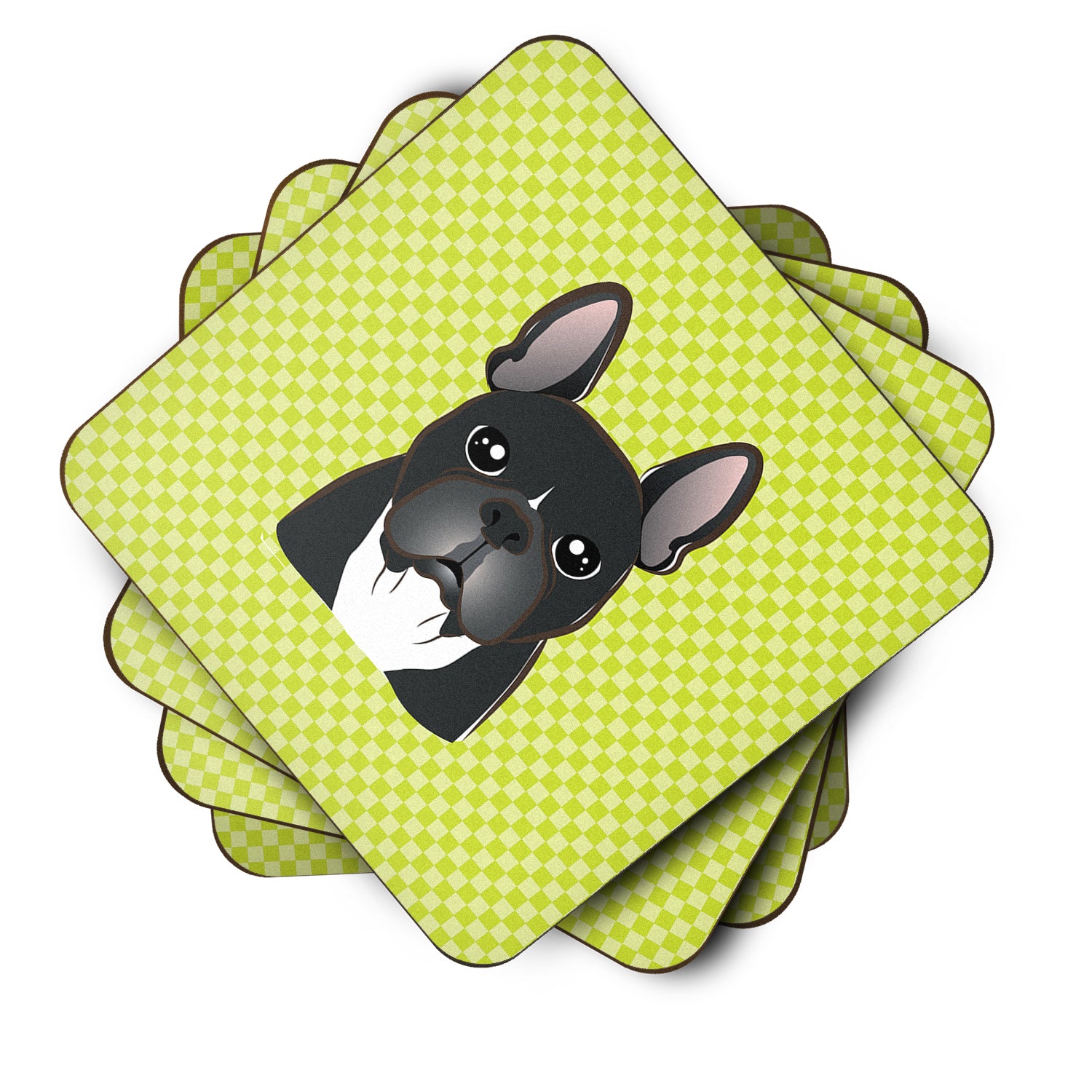 Set of 4 Checkerboard Lime Green French Bulldog Foam Coasters BB1289FC - the-store.com