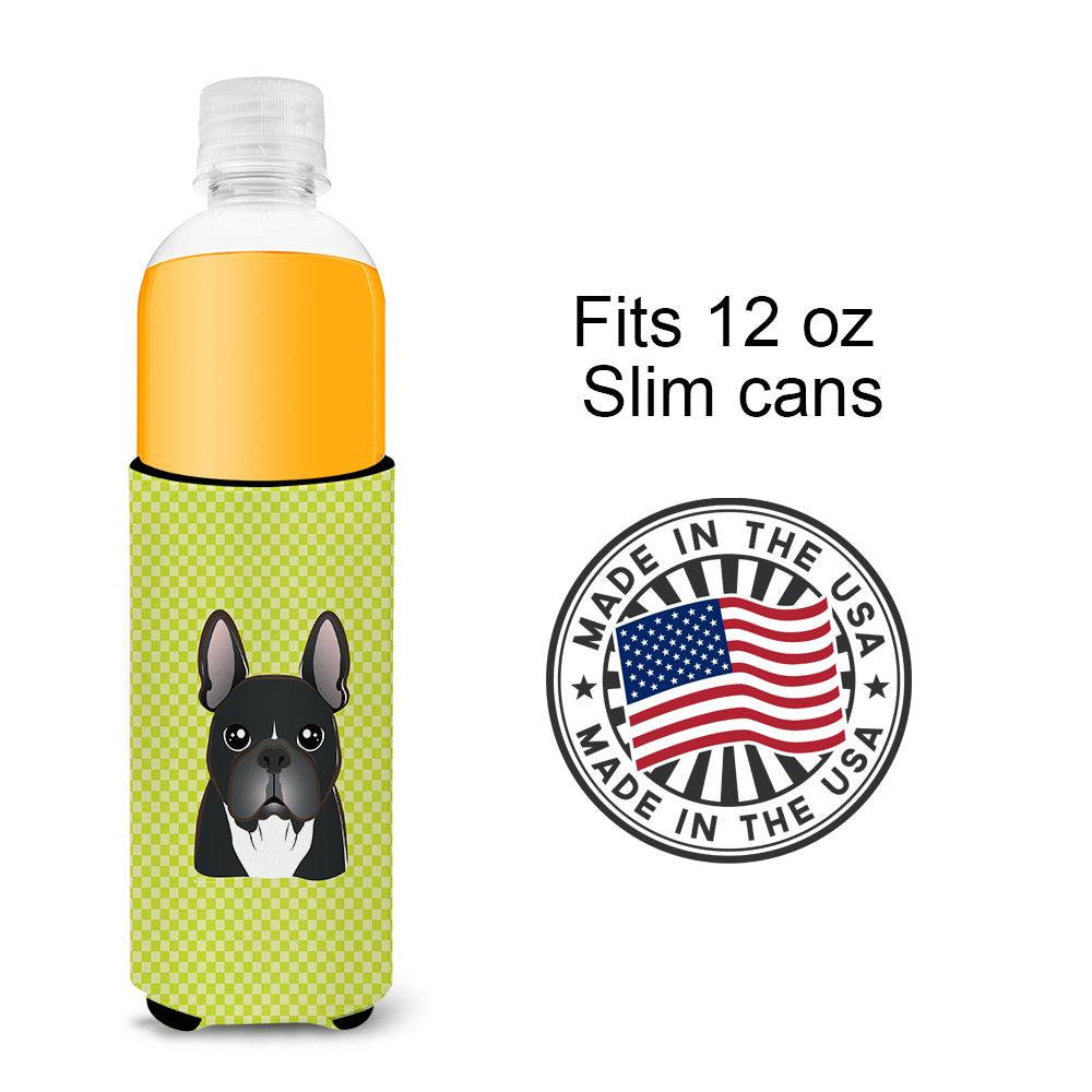 Checkerboard Lime Green French Bulldog Ultra Beverage Insulators for slim cans