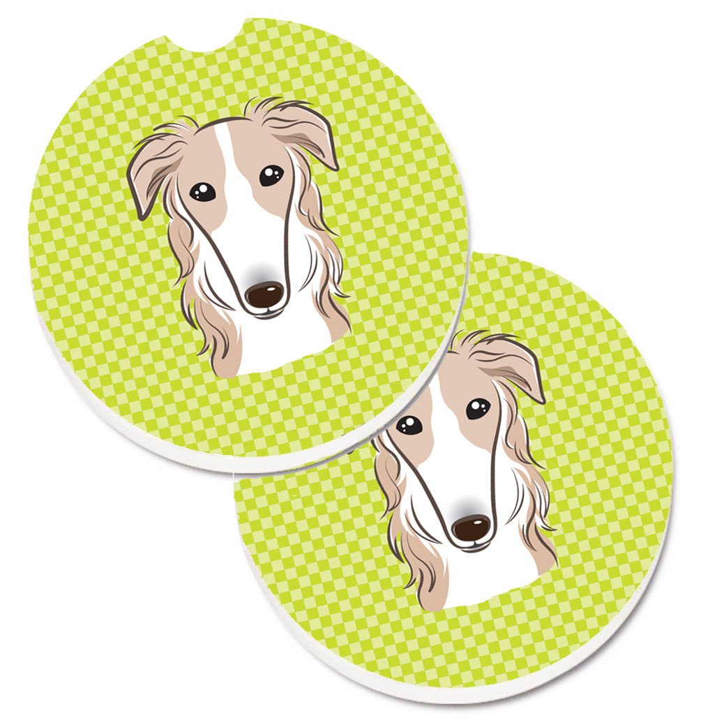 Checkerboard Lime Green Borzoi Set of 2 Cup Holder Car Coasters BB1290CARC by Caroline&#39;s Treasures