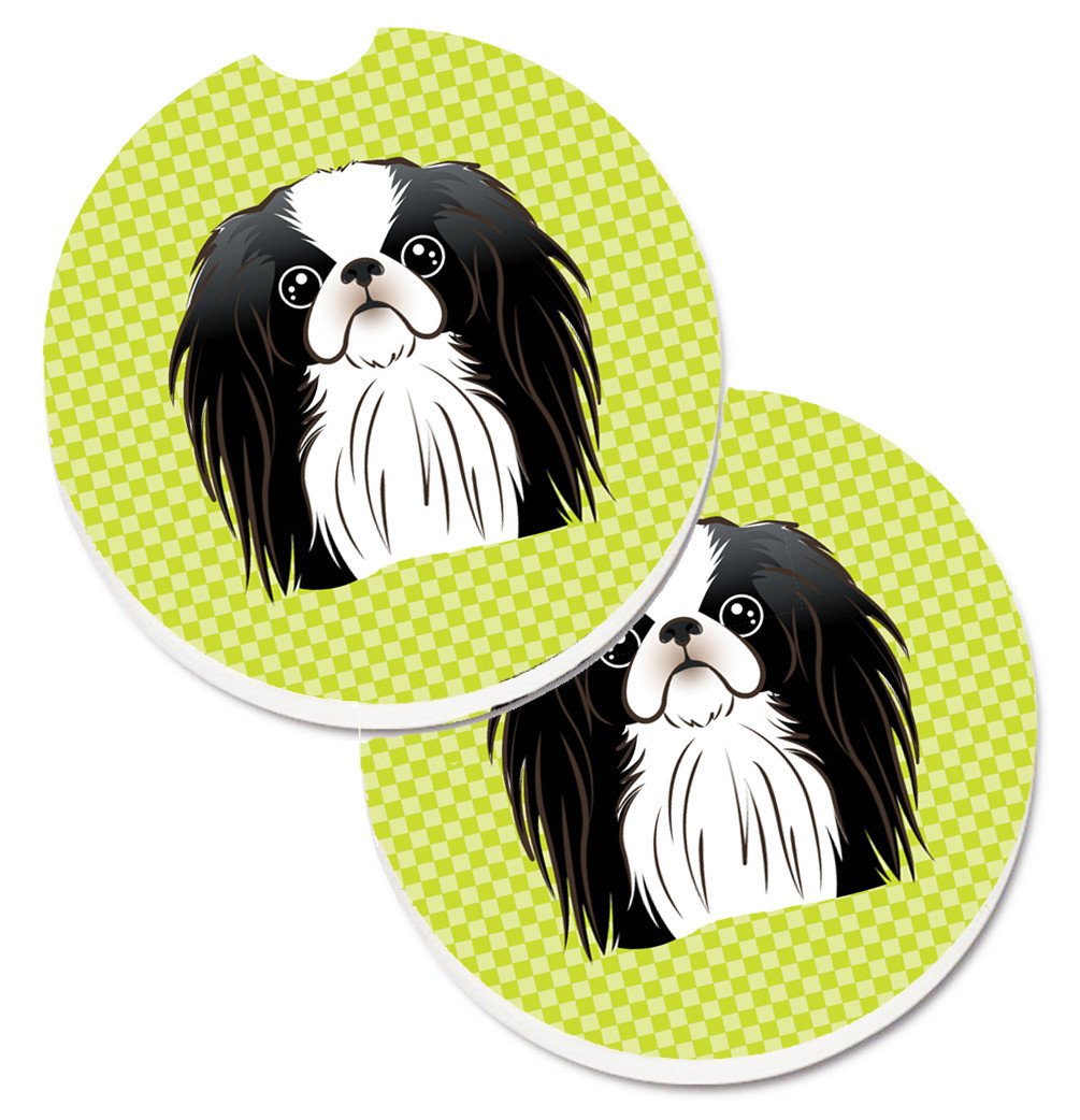 Checkerboard Lime Green Japanese Chin Set of 2 Cup Holder Car Coasters BB1292CARC by Caroline&#39;s Treasures