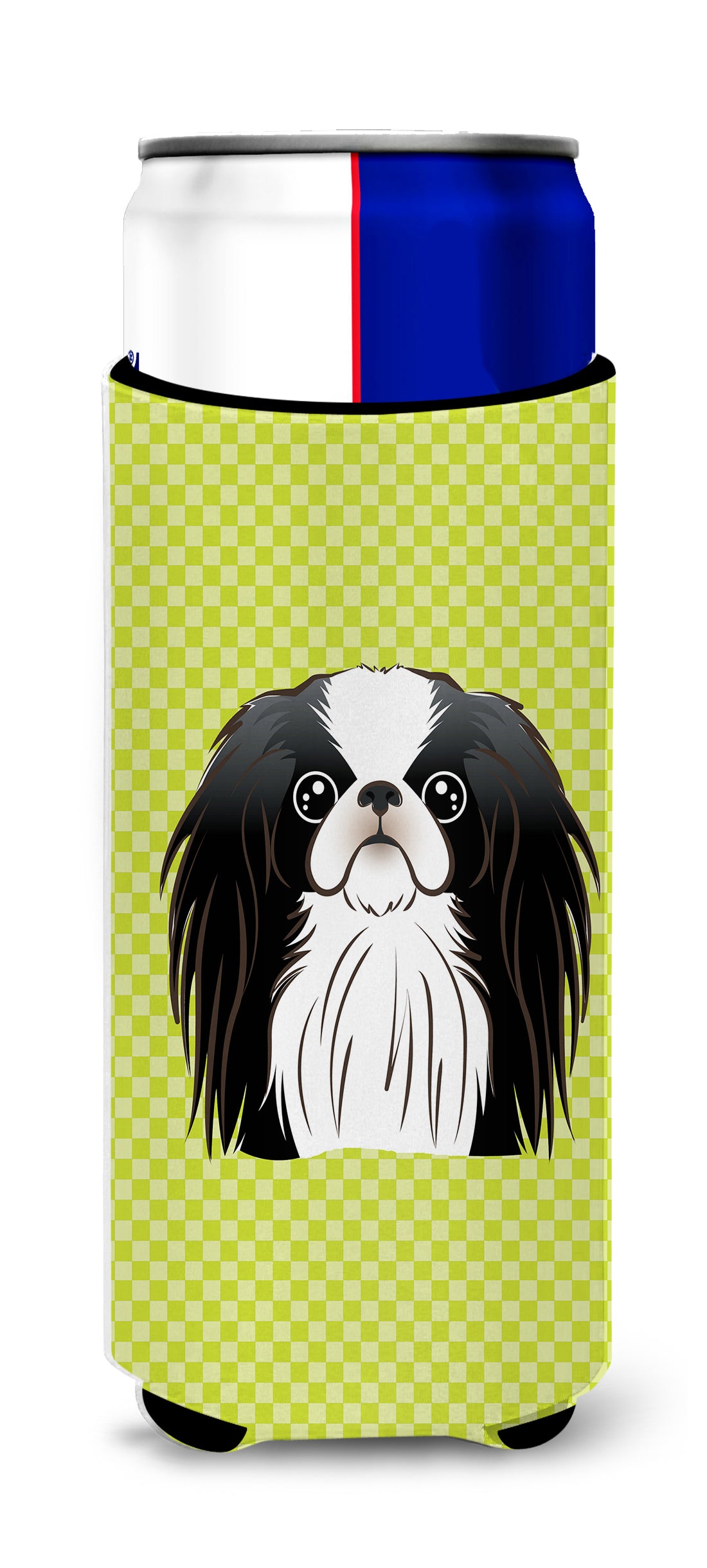 Checkerboard Lime Green Japanese Chin Ultra Beverage Insulators for slim cans