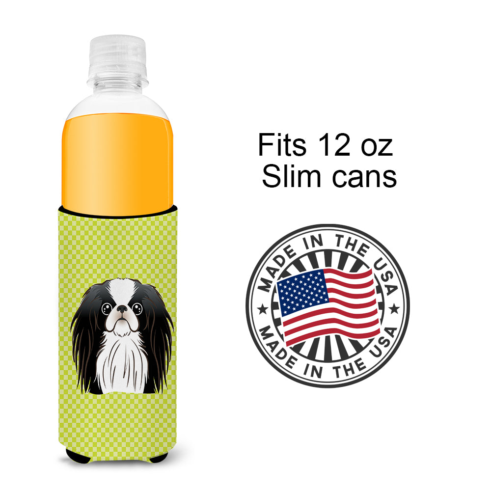 Checkerboard Lime Green Japanese Chin Ultra Beverage Insulators for slim cans.