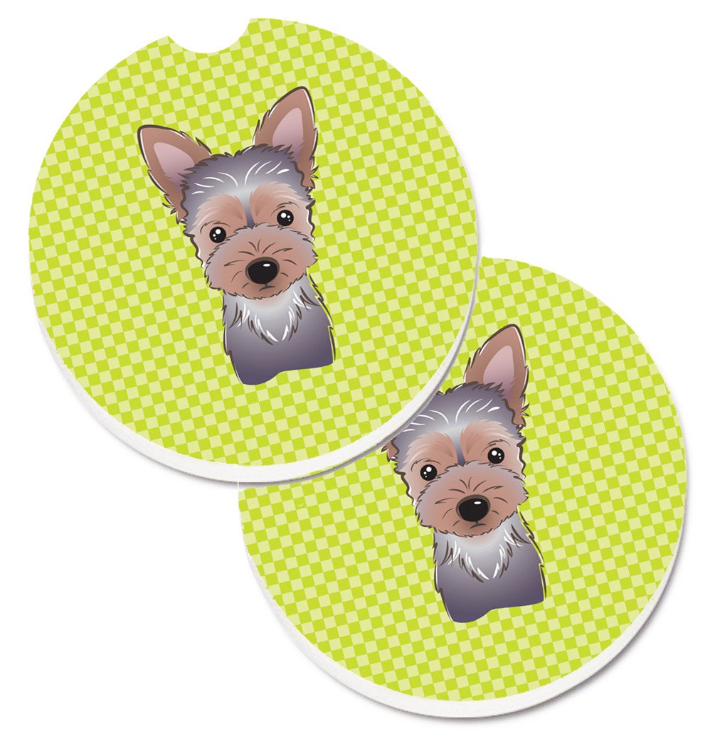 Checkerboard Lime Green Yorkie Puppy Set of 2 Cup Holder Car Coasters BB1294CARC by Caroline&#39;s Treasures