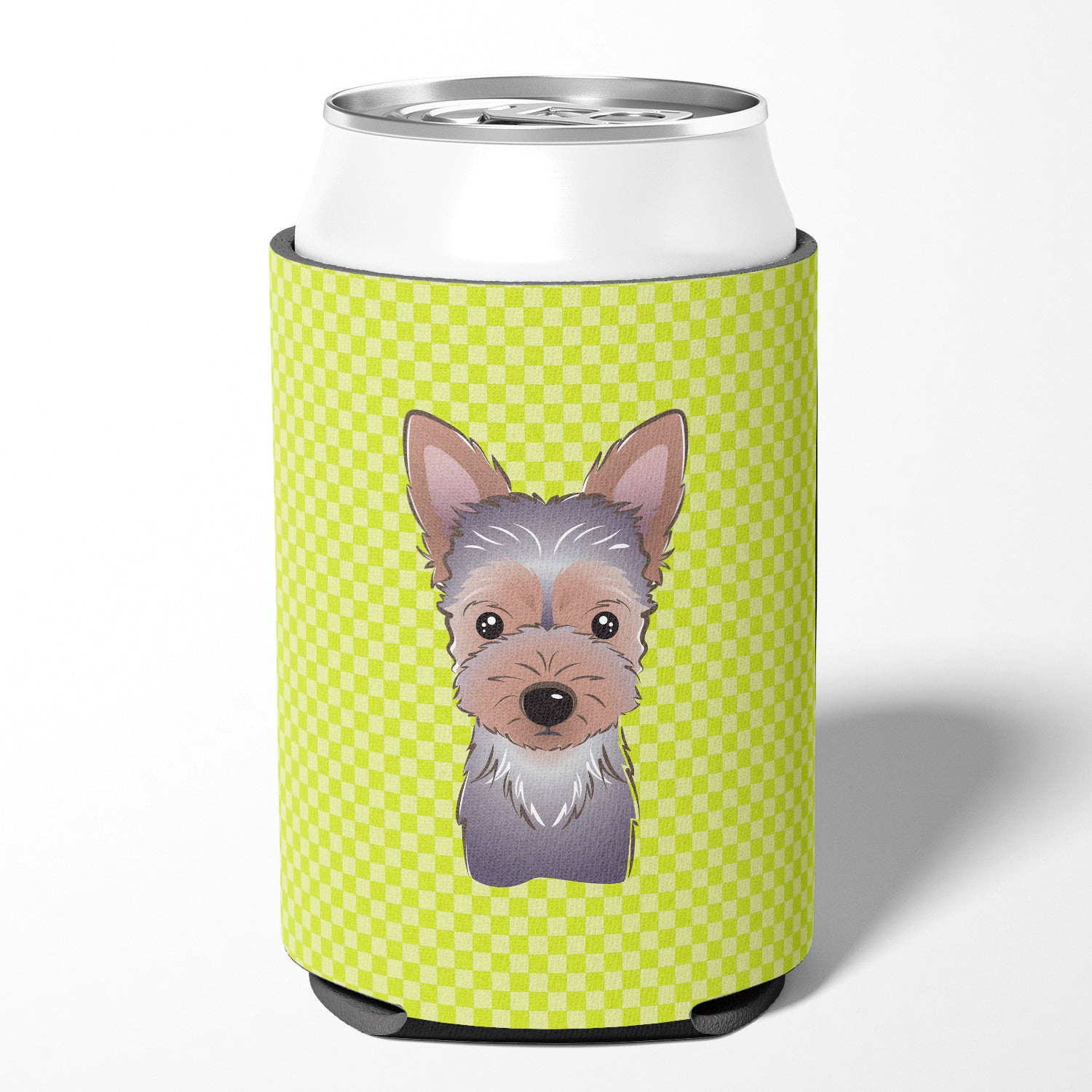 Checkerboard Lime Green Yorkie Puppy Can ou Bottle Hugger BB1294CC