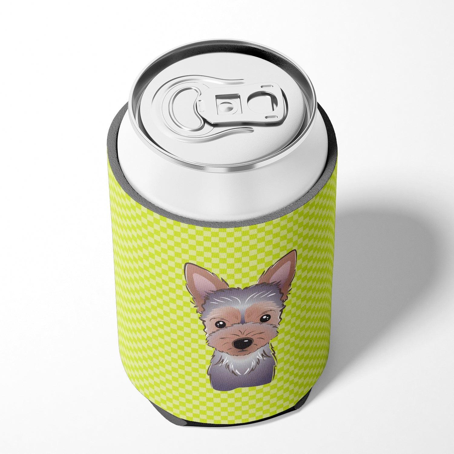Checkerboard Lime Green Yorkie Puppy Can or Bottle Hugger BB1294CC.