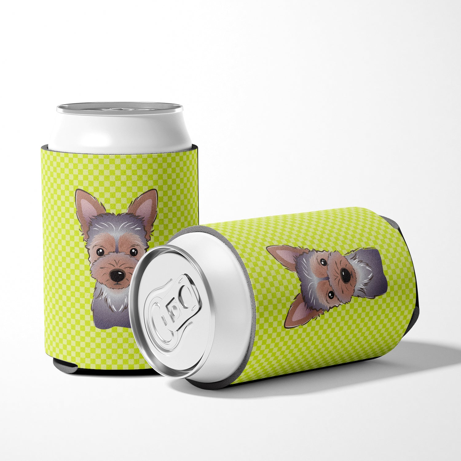 Checkerboard Lime Green Yorkie Puppy Can or Bottle Hugger BB1294CC.