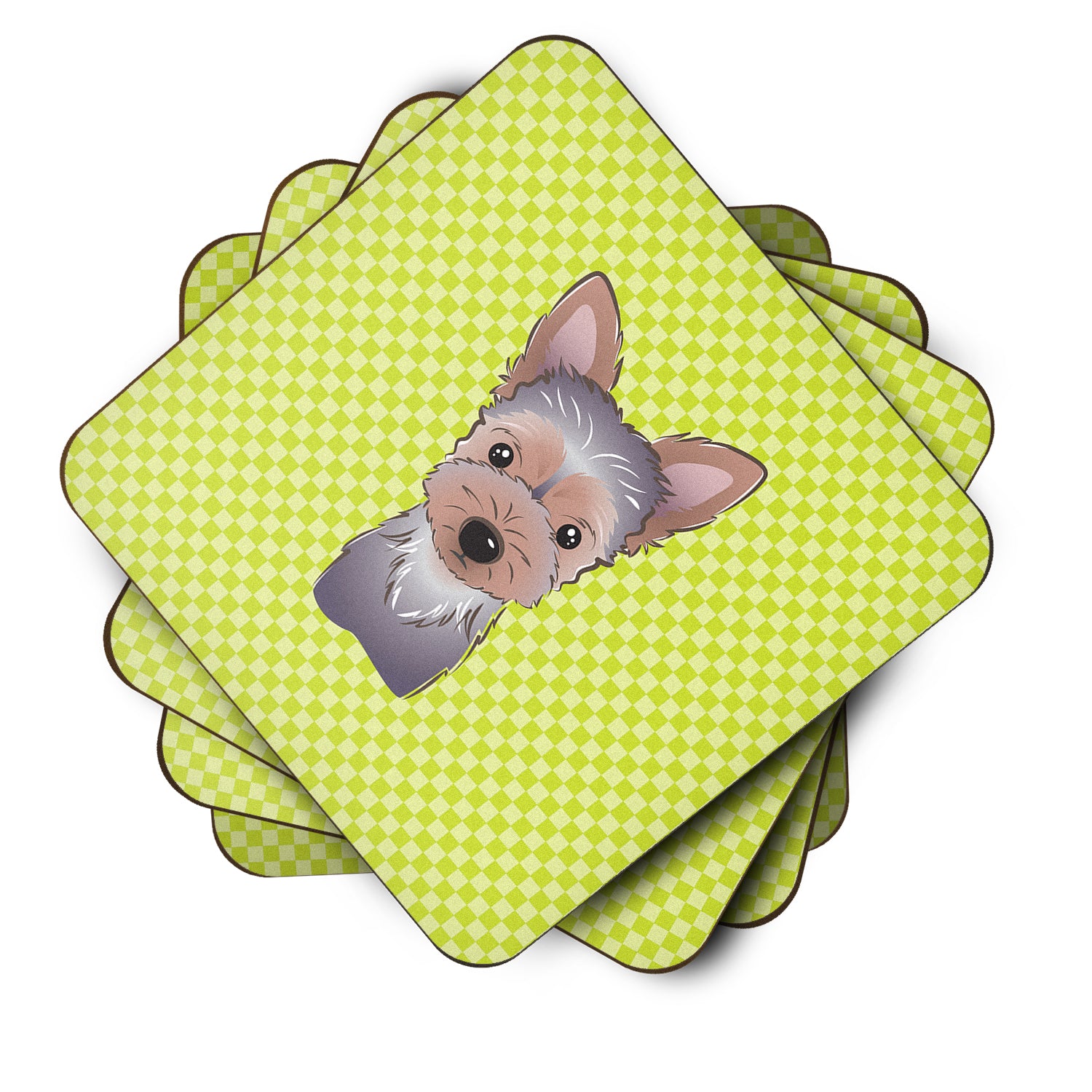 Set of 4 Checkerboard Lime Green Yorkie Puppy Foam Coasters BB1294FC - the-store.com