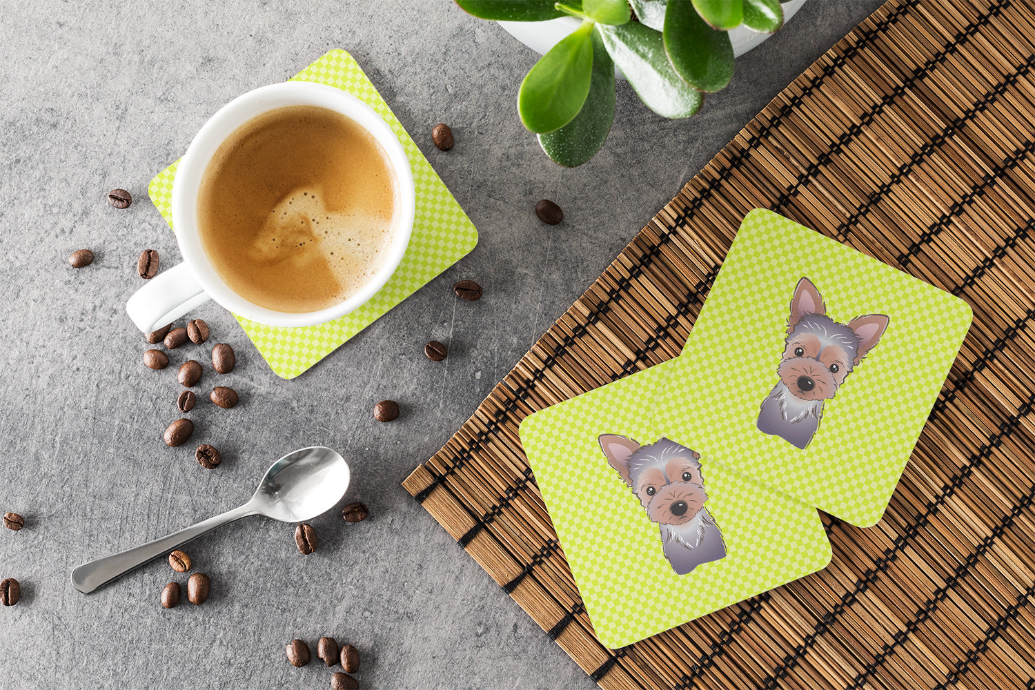 Set of 4 Checkerboard Lime Green Yorkie Puppy Foam Coasters BB1294FC - the-store.com