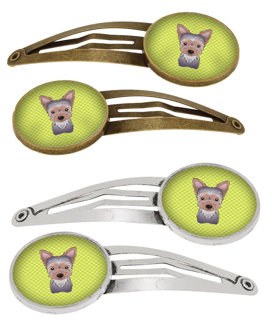 Checkerboard Lime Green Yorkie Puppy Set of 4 Barrettes Hair Clips BB1294HCS4 by Caroline&#39;s Treasures