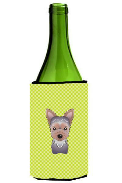 Checkerboard Lime Green Yorkie Puppy Wine Bottle Beverage Insulator Hugger BB1294LITERK by Caroline&#39;s Treasures