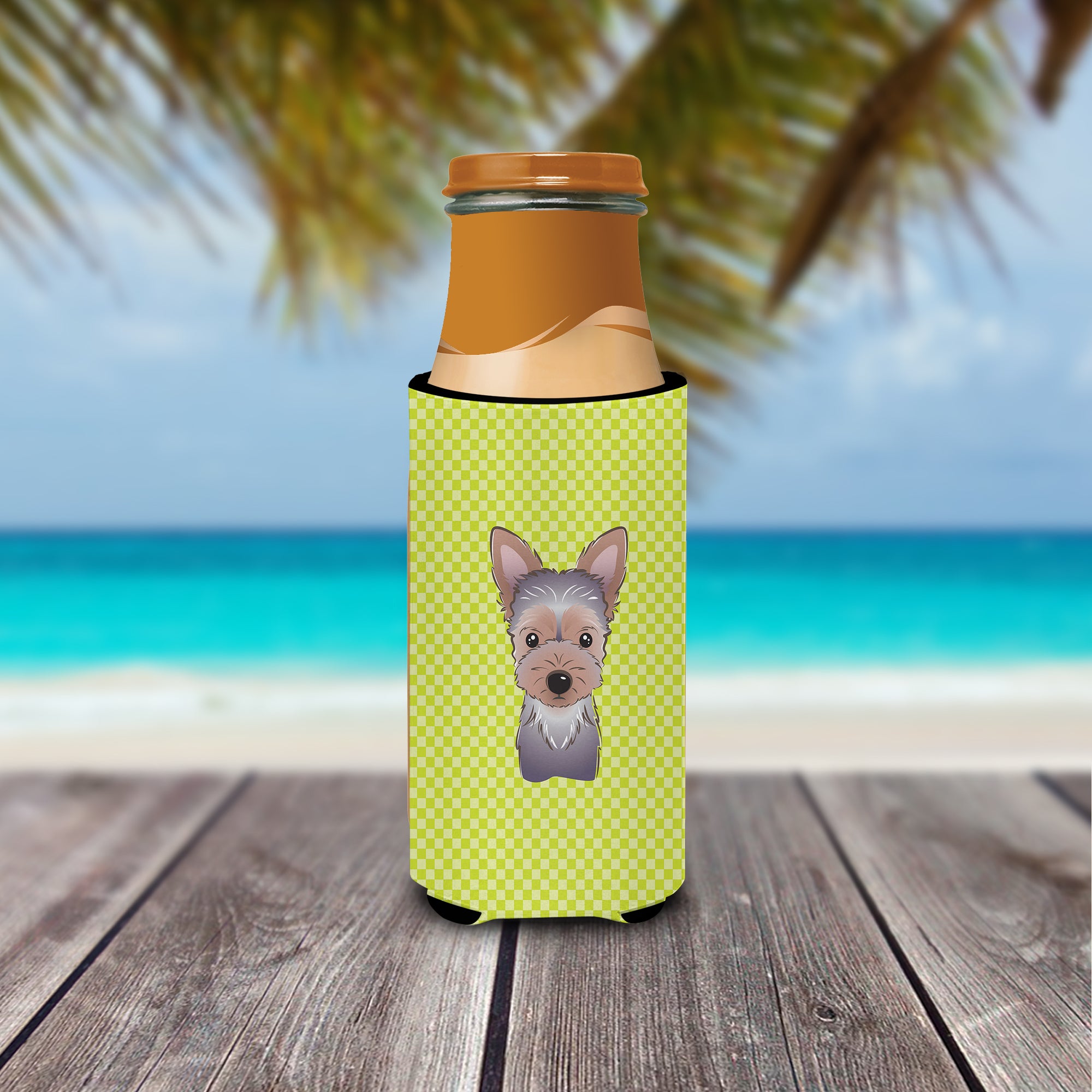 Checkerboard Lime Green Yorkie Puppy Ultra Beverage Insulators for slim cans.