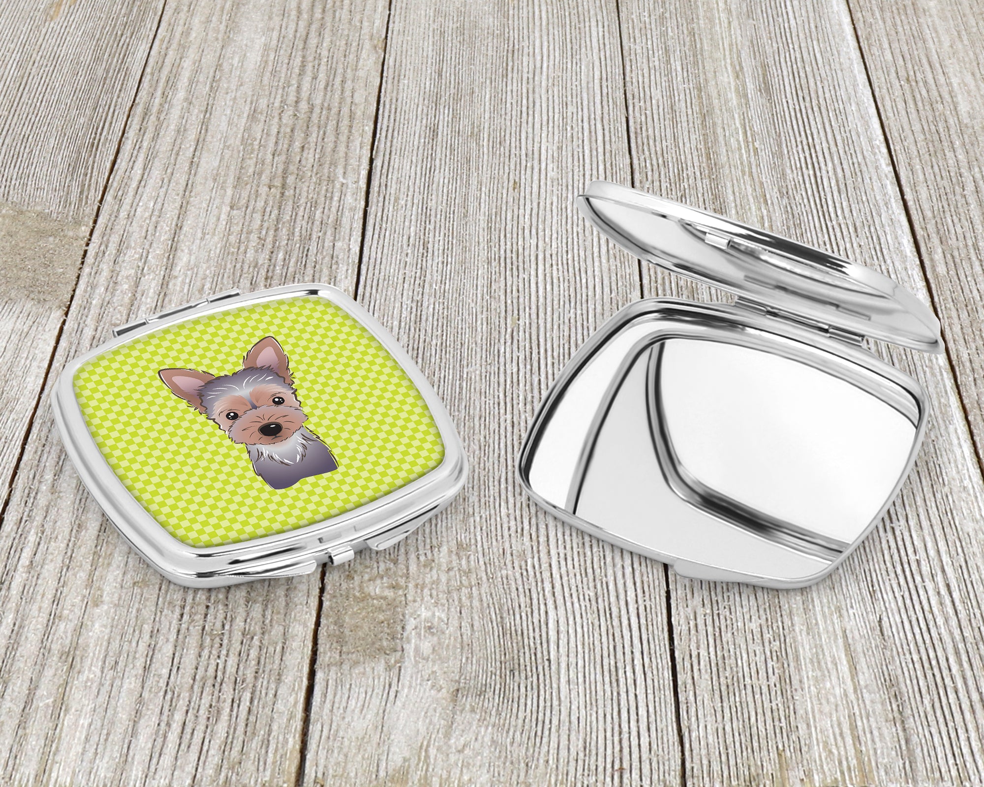 Checkerboard Lime Green Yorkie Puppy Compact Mirror BB1294SCM  the-store.com.