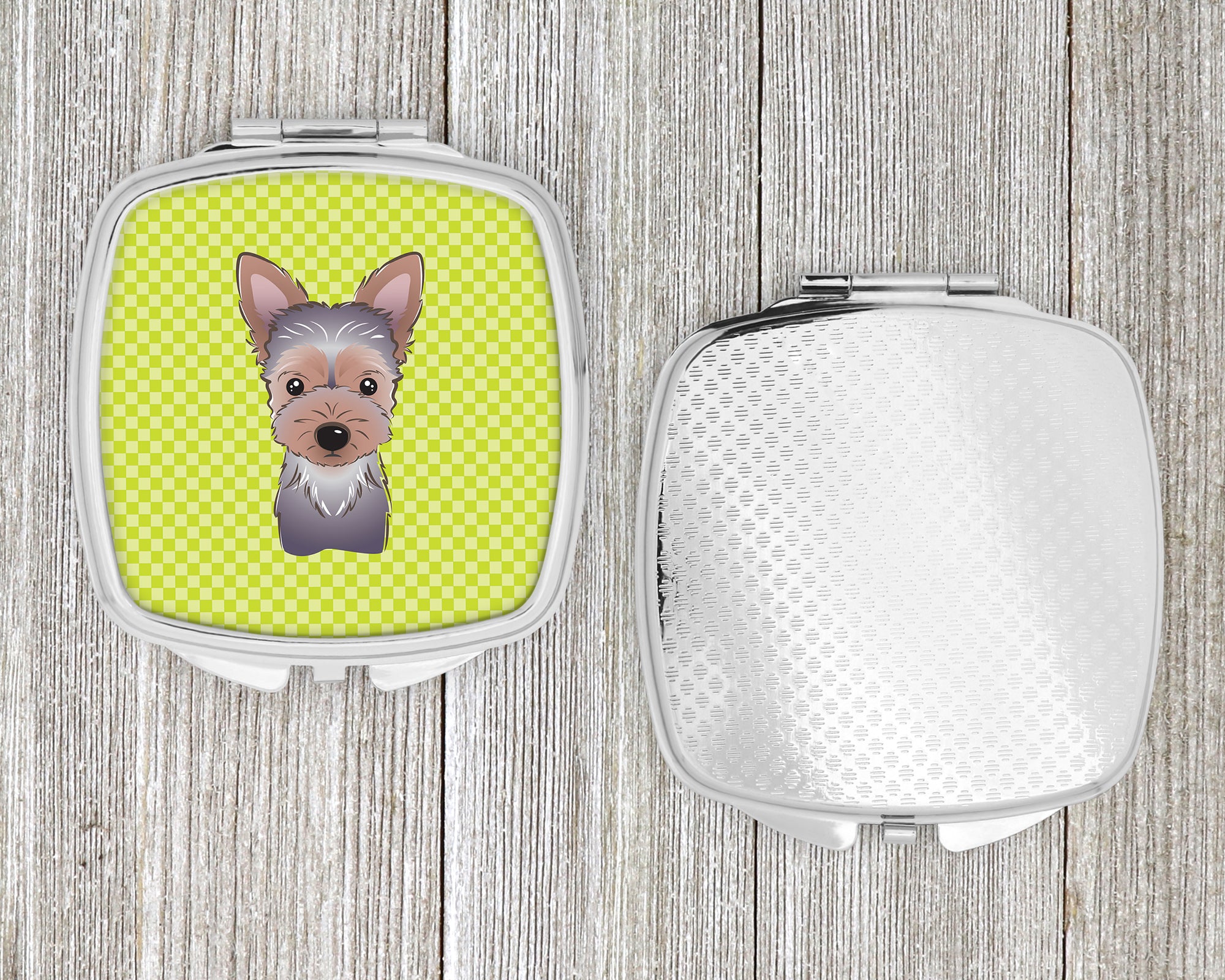 Checkerboard Lime Green Yorkie Puppy Compact Mirror BB1294SCM  the-store.com.