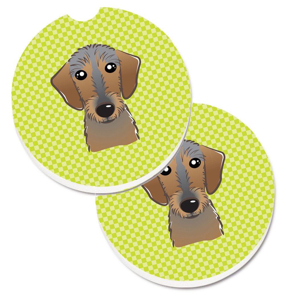 Checkerboard Lime Green Wirehaired Dachshund Set of 2 Cup Holder Car Coasters BB1295CARC by Caroline&#39;s Treasures