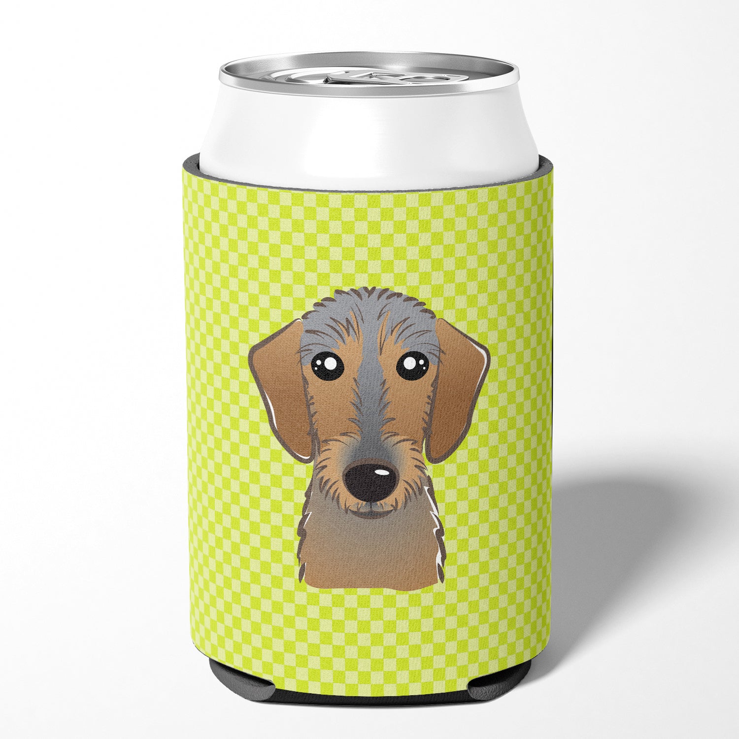 Checkerboard Lime Green Wirehaired Dachshund Can or Bottle Hugger BB1295CC.