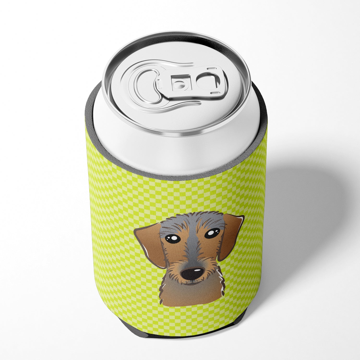 Checkerboard Lime Green Wirehaired Dachshund Can or Bottle Hugger BB1295CC.