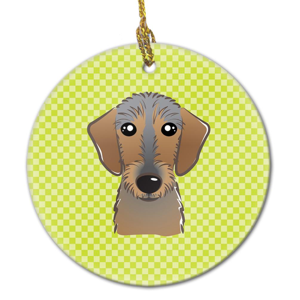 Checkerboard Lime Green Wirehaired Dachshund Ceramic Ornament BB1295CO1 by Caroline&#39;s Treasures