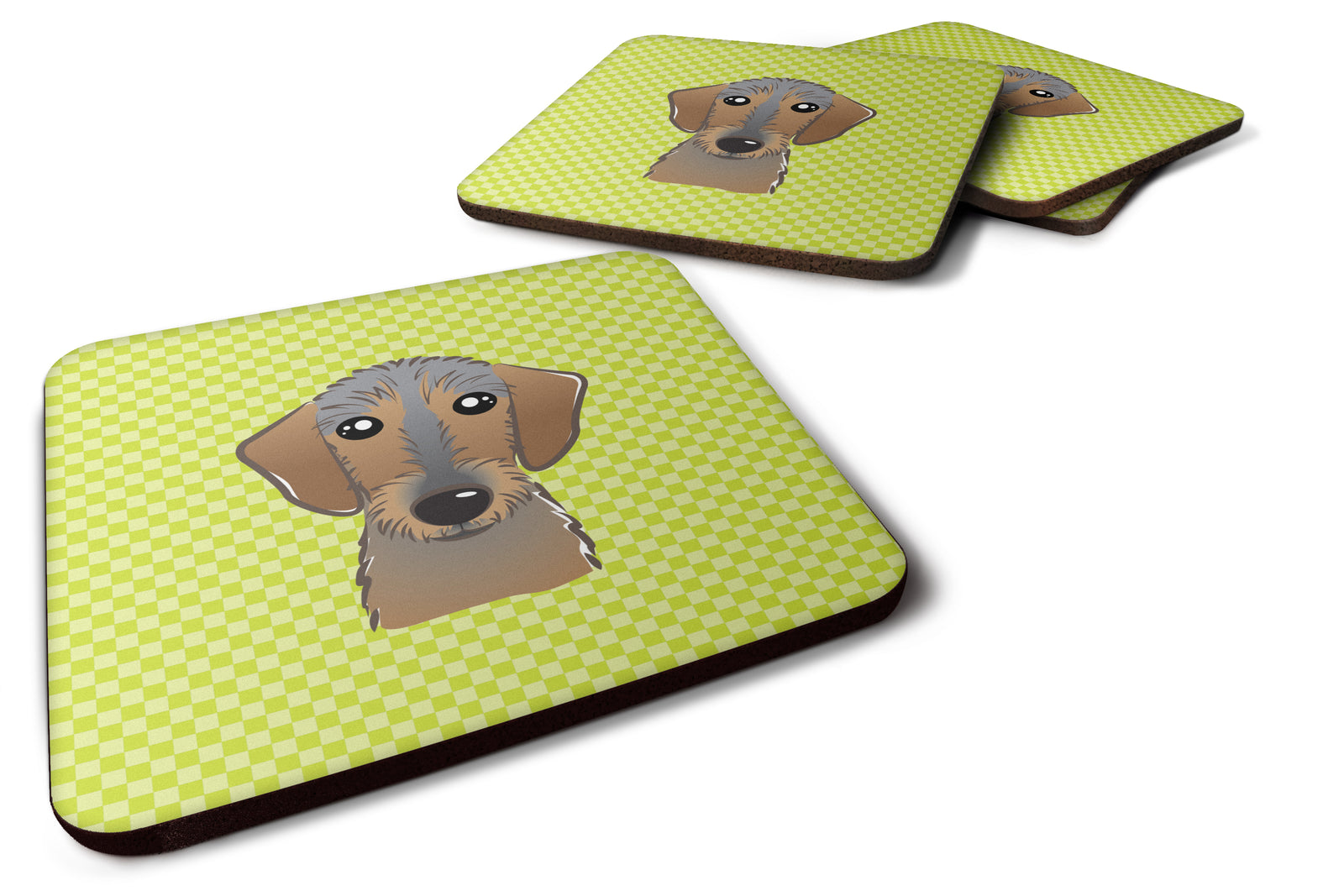 Set of 4 Checkerboard Lime Green Wirehaired Dachshund Foam Coasters BB1295FC - the-store.com
