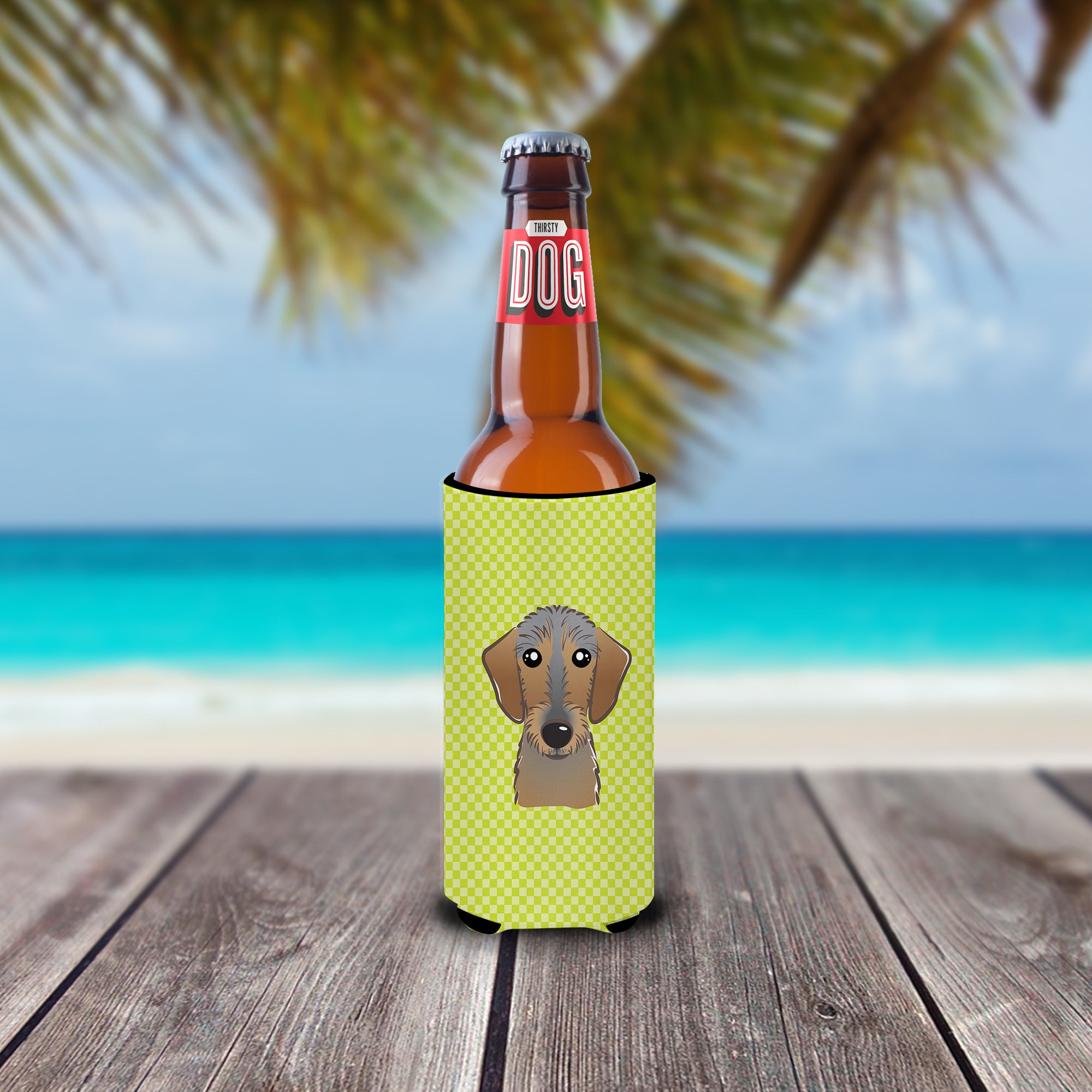 Checkerboard Lime  Wirehaired Dachshund Ultra Beverage Insulators for slim cans.